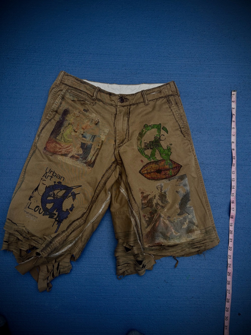 Men's Distressed Brown Graphic Cargo Shorts with Patchwork